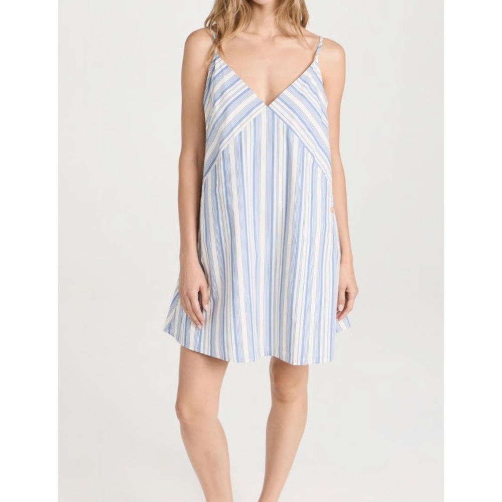 Lunya Good In Bed Airy Cotton Mini Sleep Dress Cerulean Stripe XS Blue Coastal